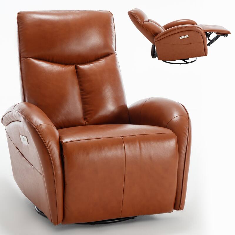 Modern Genuine Leather Swivel and Rocker Power Recliner Chair, 270° Swivel Recliner Chair with Lumbar Support, USB and Type-C