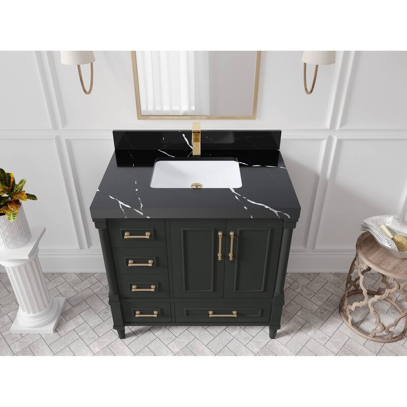 Willow Collections 36 in. W x 22 in. D Aberdeen Center Right Offset Sink Bathroom Vanity with Countertop - 2"Calacatta Black - Black top