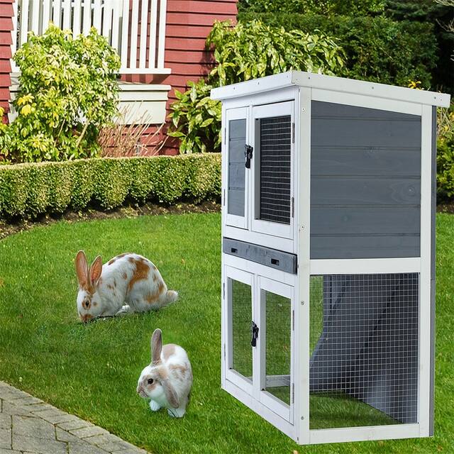 Two-layer solid wooden with easy clear tray for bunny rabbits