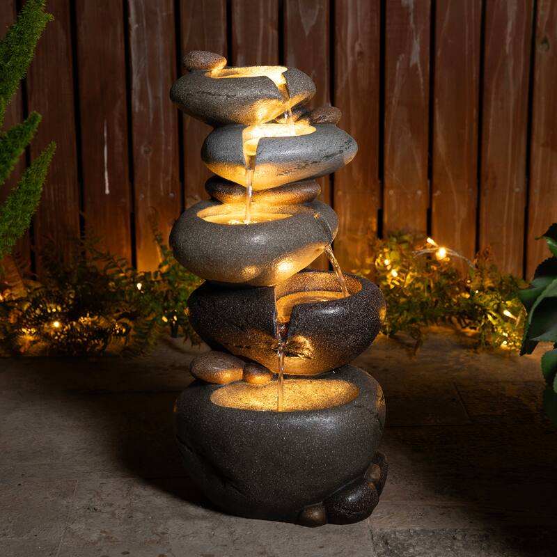 Glitzhome 24.5"H 5-Tiered Zen Style Stacked Pebbles Polyresin Outdoor Fountain with Pump and LED Light