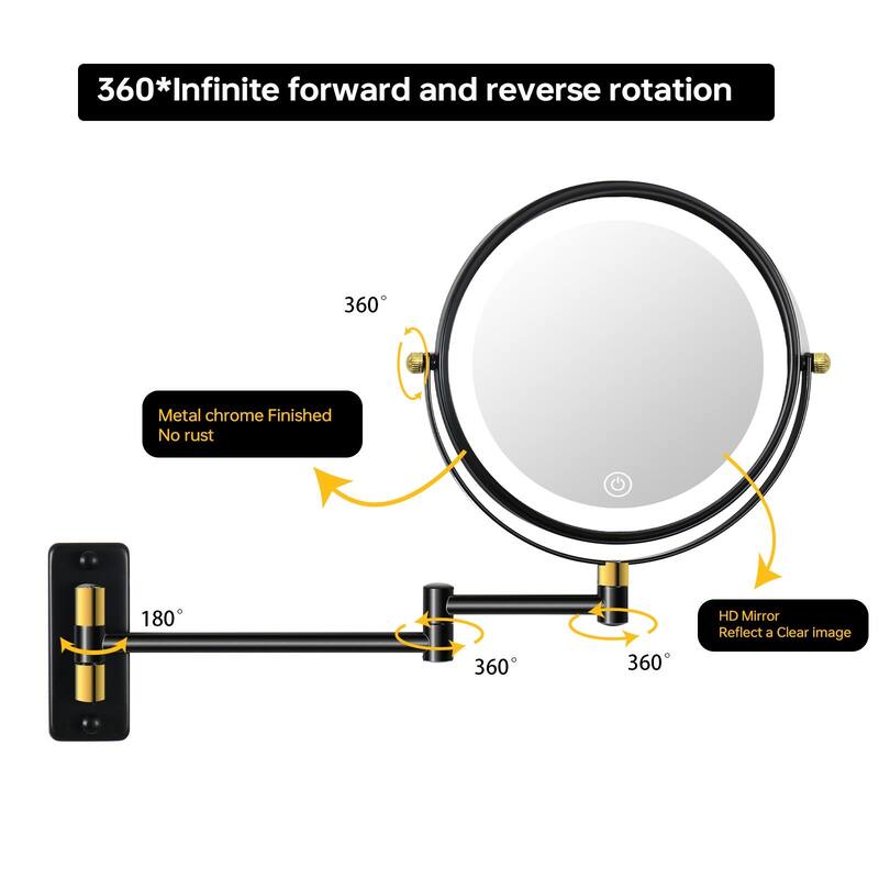 8in. LED Light Wall Mounted Makeup Mirror with 3 Colors, 1x/10x HD Magnifying Double-Sided Mirror, Extension Arm