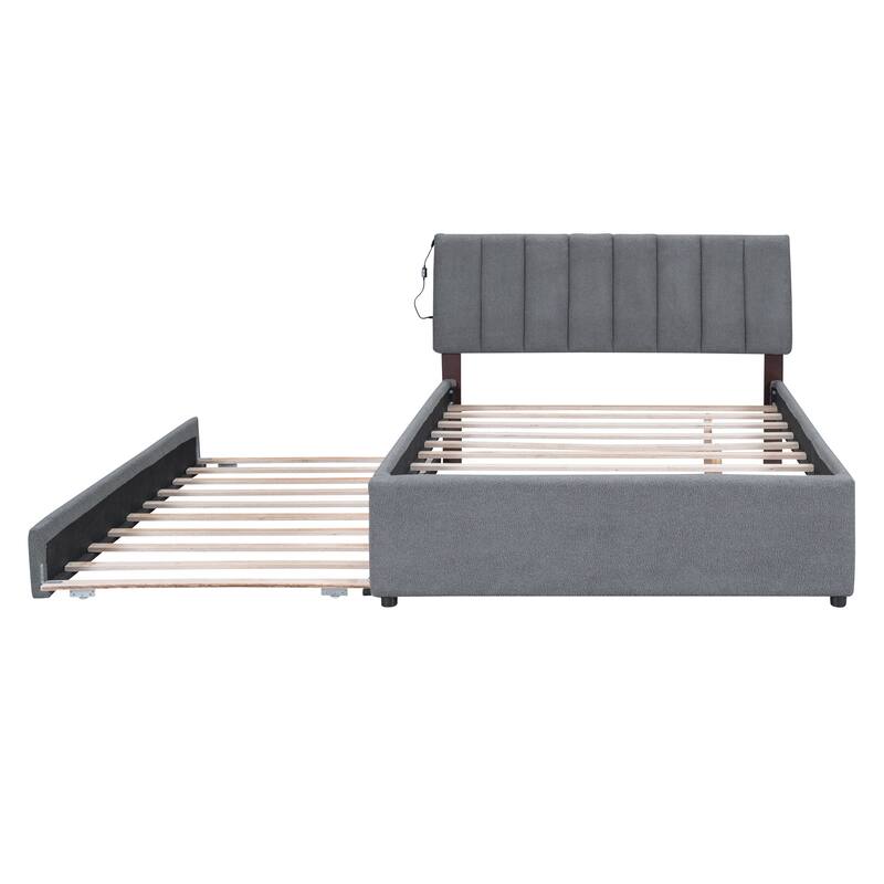 Full Size Platform Bed with Trundle and LED Headboard Teddy Fleece Upholstered Bed Frame