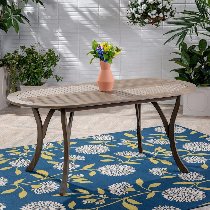 Roomfitters Outdoor Dining Table with Oval Slatted Top and Curved Legs in Solid Acacia Wood for Patio or Garden
