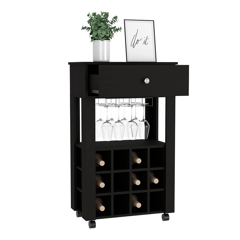 Bar Cart , Twelve Wine Cubbies, Four Legs, Black Wengue Finish - Serving Cart - Black - Wood