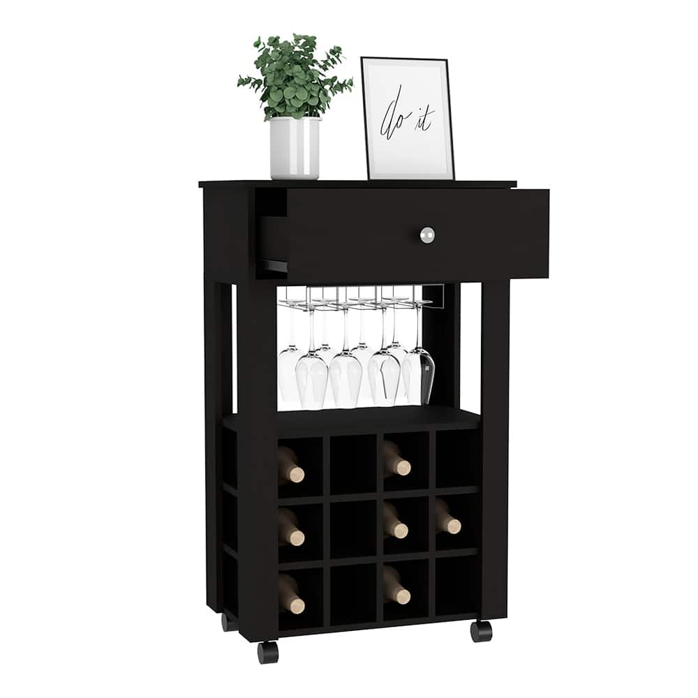 Bar Cart , Twelve Wine Cubbies, Four Legs, Black Wengue Finish