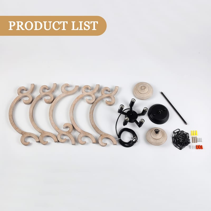 5-Light Country Wood Chandelier Light Fixture for Kitchen Island Dining Room