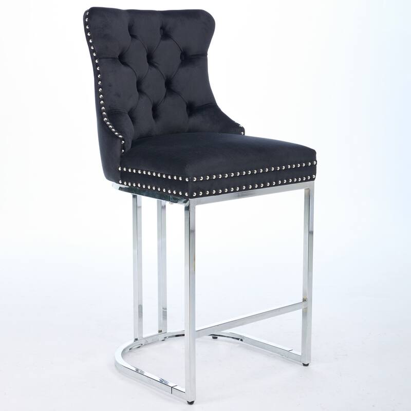 Set of 2 Modern Velvet Counter Bar Stools, 25" with Button Back & Rivet Trim, Chromed Metal Base - Black