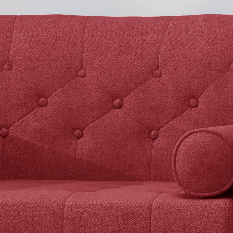 Modern 37.75" Upholstered Button Tufted Club Chair with Rolled Accent Pillows and Wood Frame
