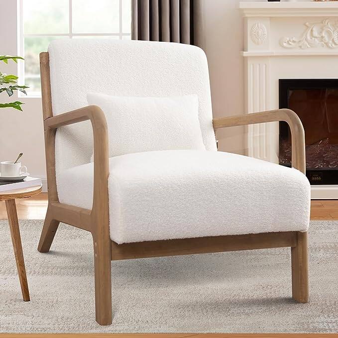 Prelife Modern Upholstered Living Room Armchairs with Wood Frame for Bedroom - White