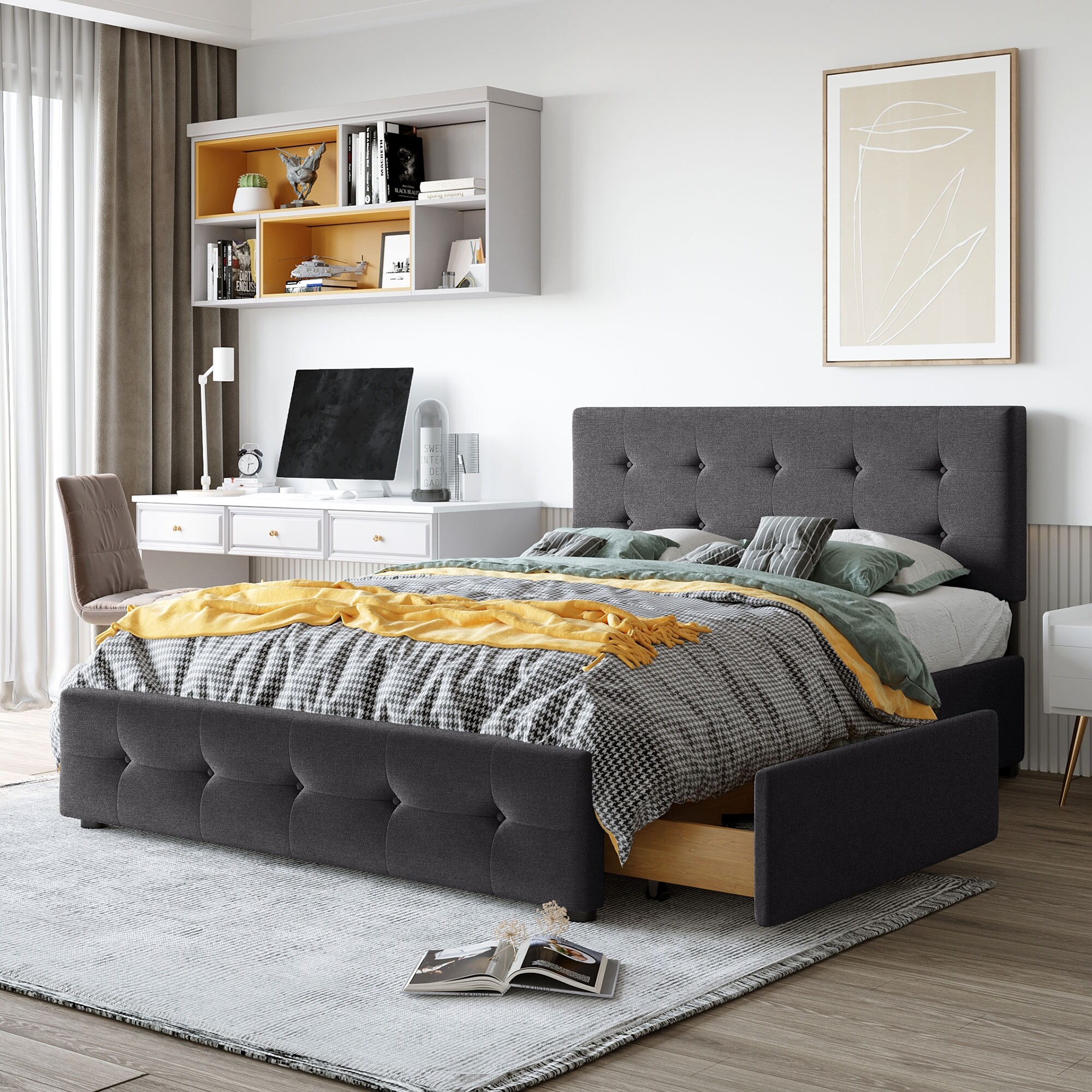 Queen Size Upholstered Bed with 4 Storage Drawers Wooden Platform Bed Frame Classic Headboard No Box Spring Needed Bed Bath Beyond 40900710
