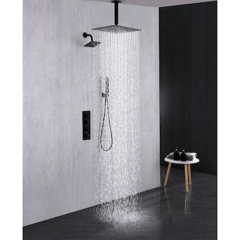 Dual Shower Heads System 6" Wall Mounted High Pressure Regular & 12" Ceiling Rainfall Shower Head w/ 3 Way Thermostatic Faucet