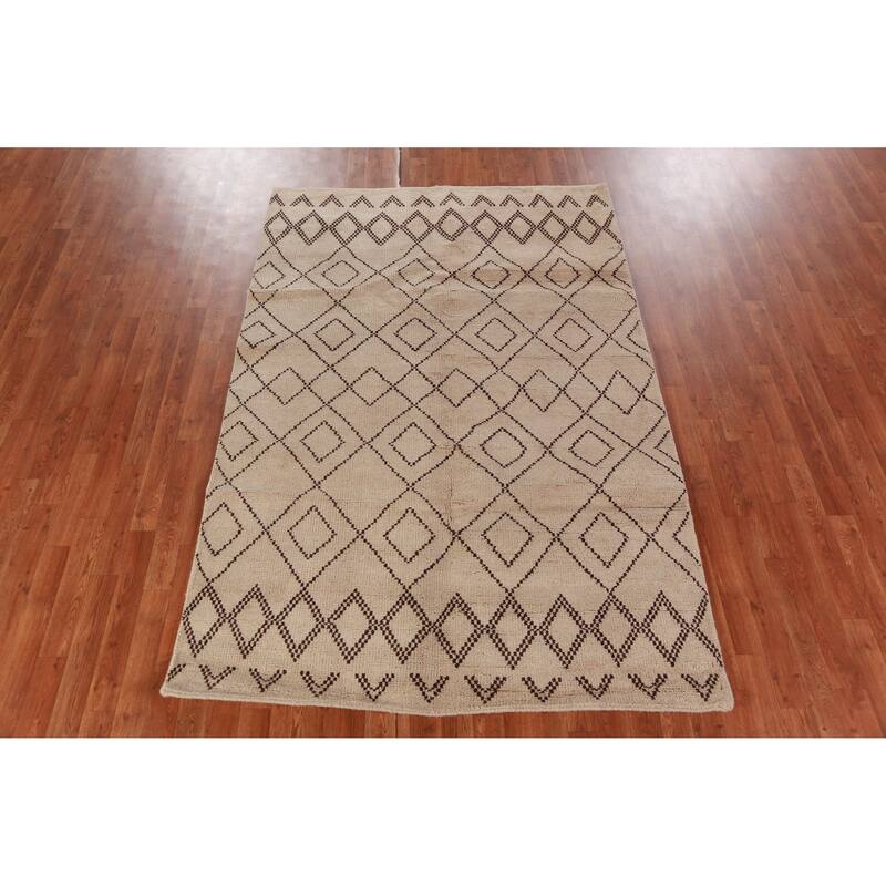 Hand Knotted Oriental 100% Wool Carpet Modern Geometric Beige & Ivories Moroccan Area Rug - 8' 0'' X 5' 0''