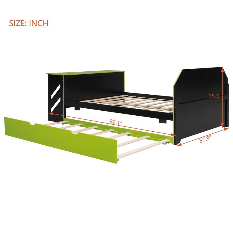 Wood Daybed Frame, Full Size Sofa Bed with Trundle Bed, Desk and USB