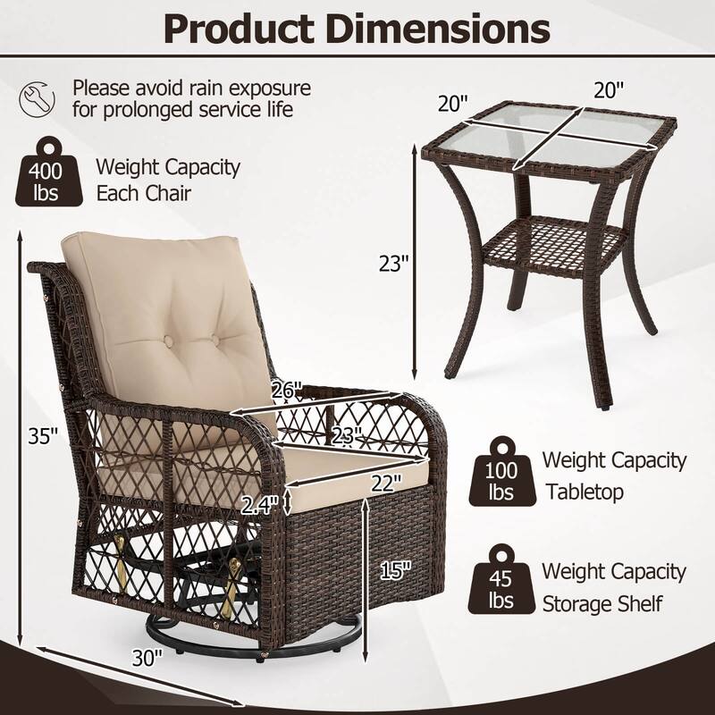 Costway 3 PCS Patio Furniture Set with 2-Tier Side Table and Cushions - See Details