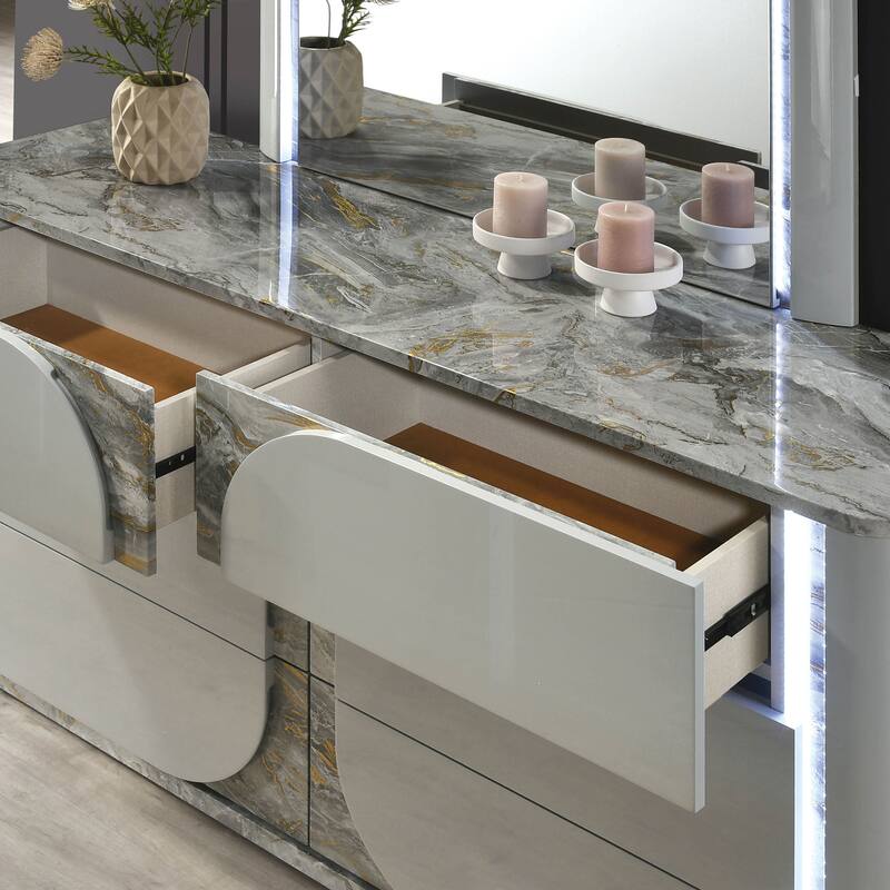 Furniture of America Sherri Modern 2-Piece Light Grey Solid Wood 6-Drawer Dresser and Mirror Set with Touch LED