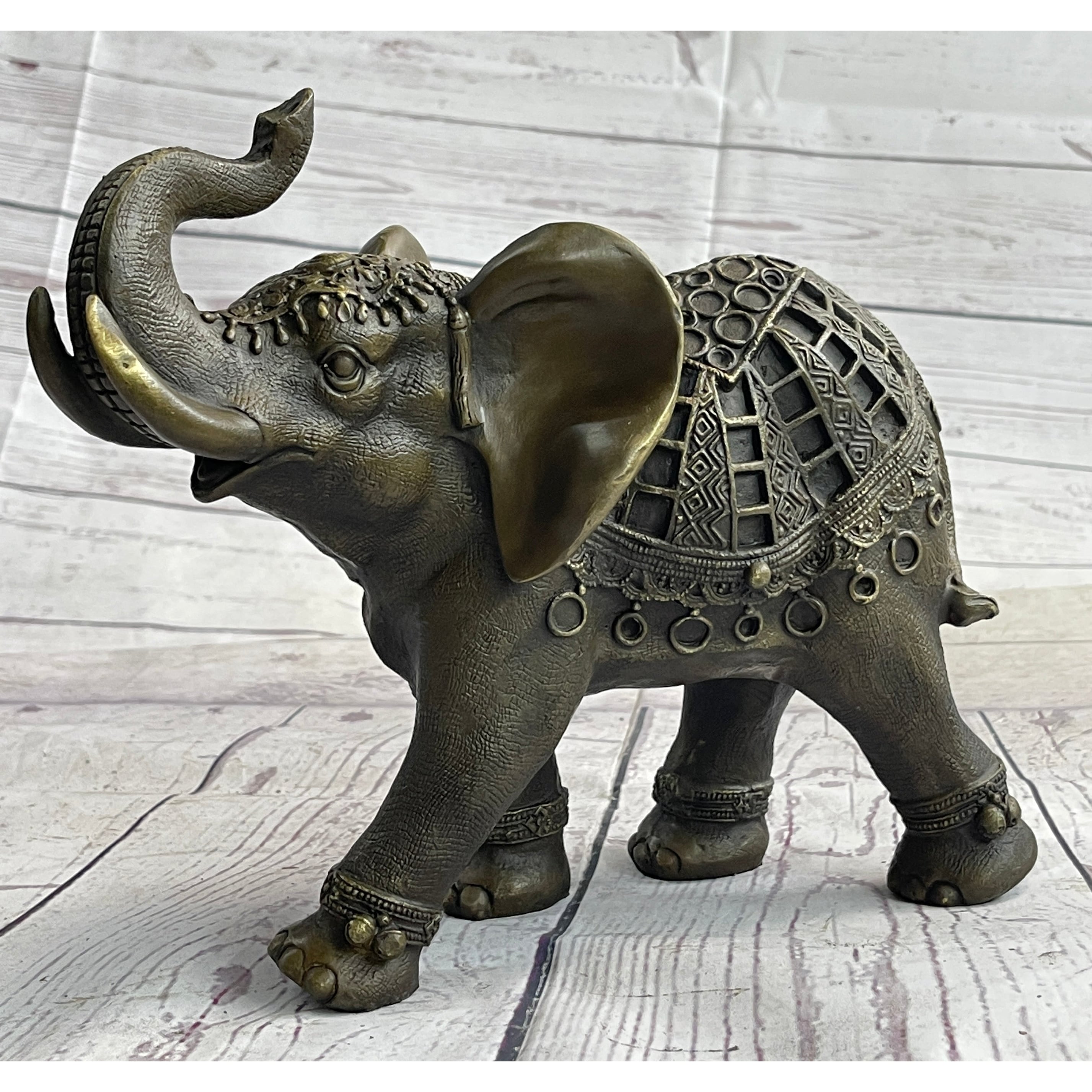 Indian Elephant Bronze Metal Figurine Sculpture Decor Signed Original 8.5 Inches X 12 Inches