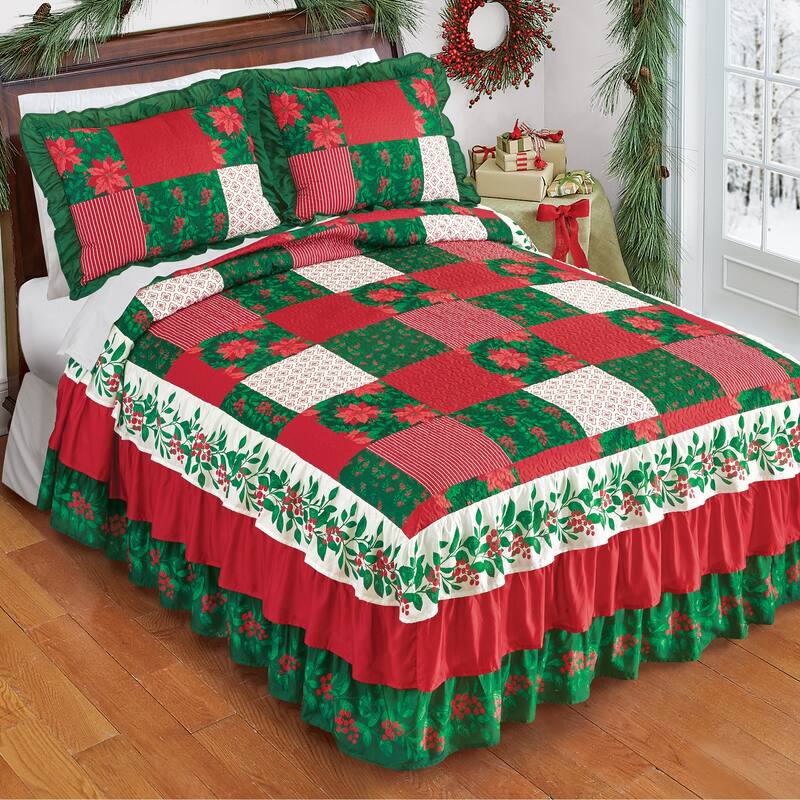 Mistletoe Patchwork Triple Ruffle Holiday Bedspread - Queen