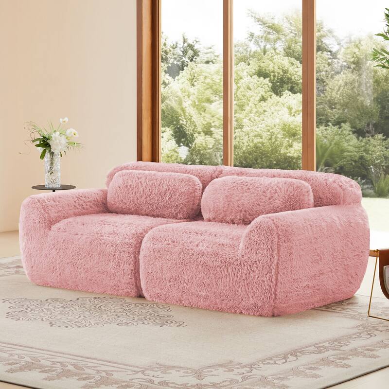 Rossetta 2-seater Soft Fluffy Plush Fabric Modular Sectional Sofa Couches with Throw Pillows, Bottom Anti-Slip Design - Pink