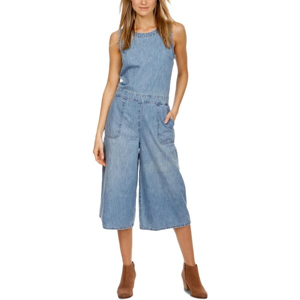 Denim crop jumpsuit clearance