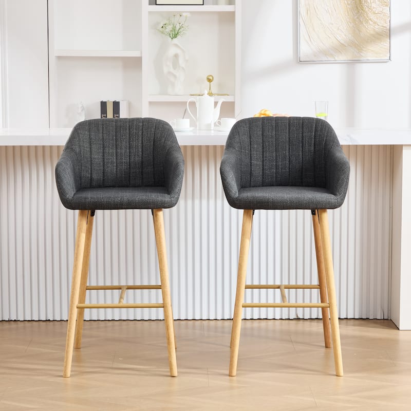 Modern Bar Stools Set of 2, Kitchen Island Tall Chairs with Back, Arm, Footrest and Solid Wood Leg, Upholstered Bar Stools