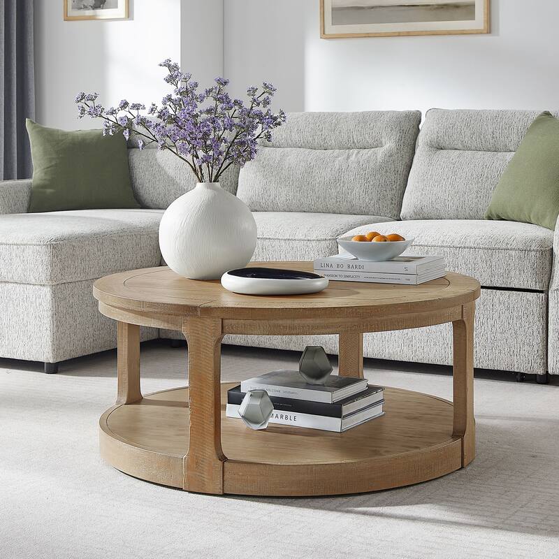 40inch Large Curved 2 Tier Round Circle Wooden Center Coffee Table,Rounded Table with Wheels,Mid Century Rustic Style Table