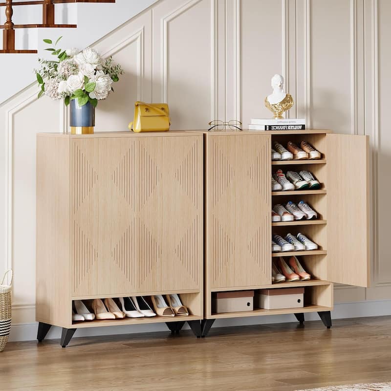 24 Pairs Large Wood Shoe Storage Cabinet with Doors for Entryway - 6-Tier