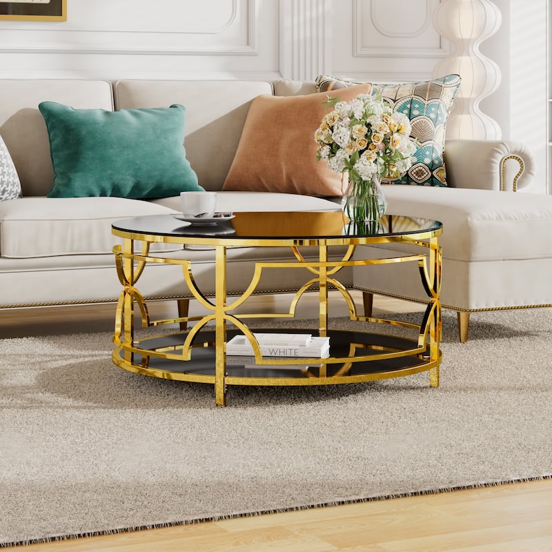 Glass Coffee Table Round Living Room Table, Luxurious Storage Table with Lower Shelf, 30.7" Center Table with Tempered Glass Top - Black