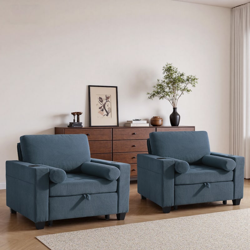 Corduroy Upholstered Accent Chair Convertible Sleeper Chair Set of 2