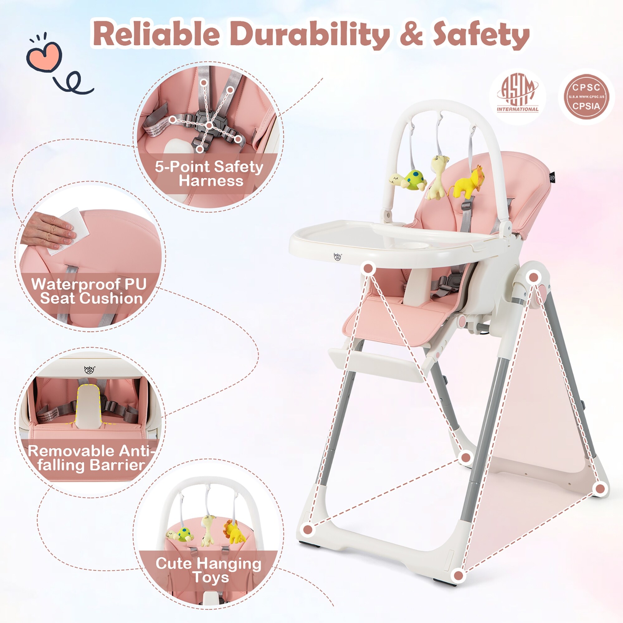 Baby High Chair Feeding Chair Foldable Seat Ajustable Height