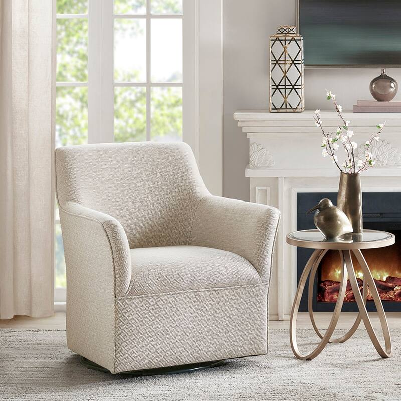 Roomfitters Swivel Glider Accent Chair, Upholstered Armchair with 360 Degree Gliding Base and Tight Cushion Design, Cream