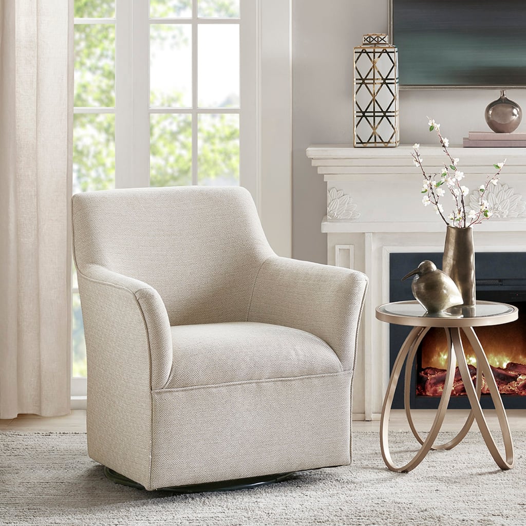 Roomfitters Swivel Glider Accent Chair, Upholstered Armchair with 360 Degree Gliding Base and Tight Cushion Design, Cream