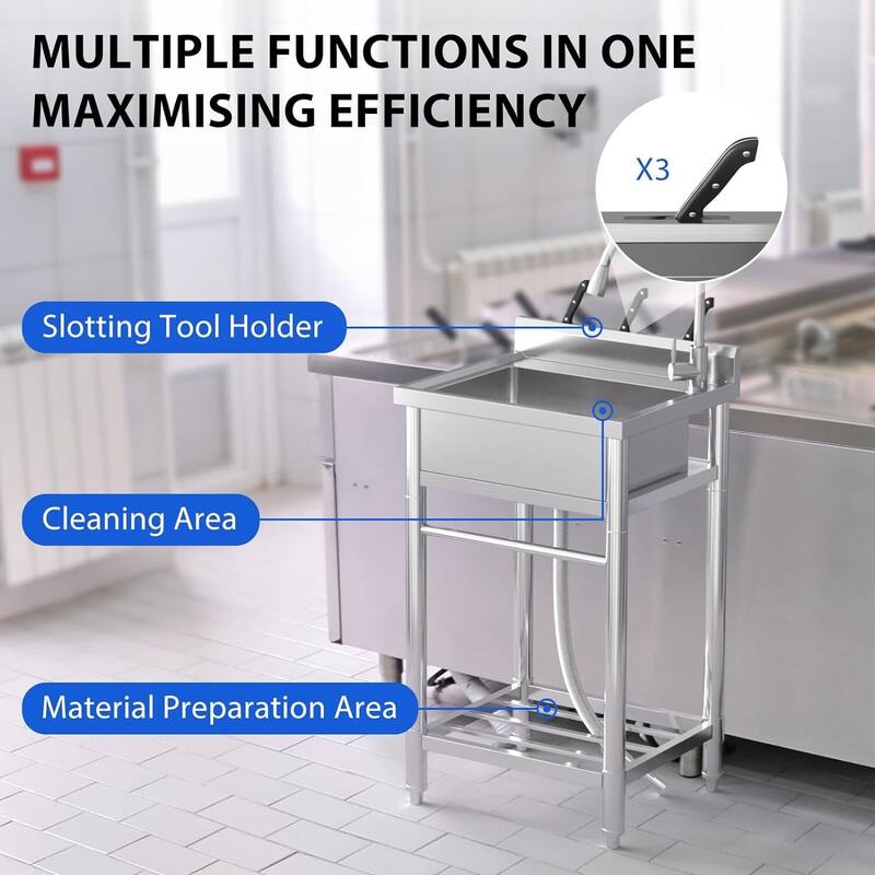 Freestanding Single Trough Stainless Steel Sink with Faucet 24 x 20 x 41 Inch - 24 x 20 x 41 Inch