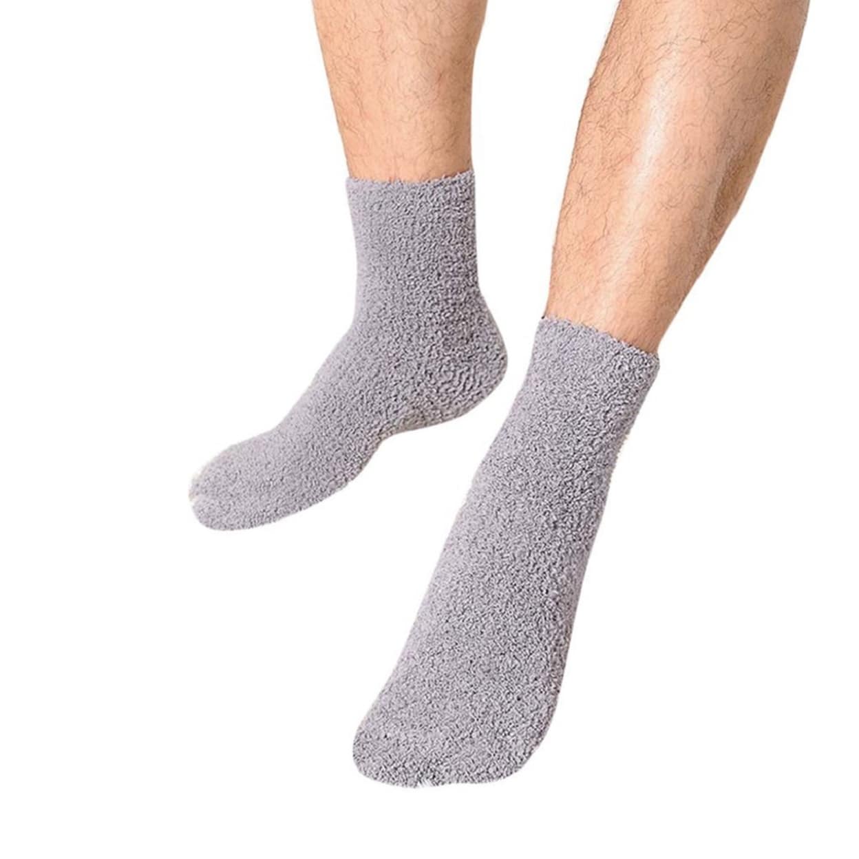 Solid Color Men Warm Thicken Coral Fleece Crew Socks Fluffy Sleep Bed Socks