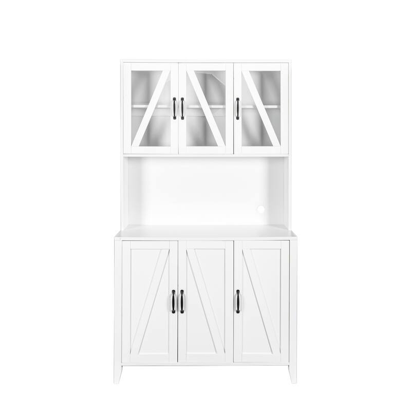 Large Kitchen Pantry Storage Cabinet with Glass Doors and Drawer, Wood Buffet Cupboard with Open Countertop