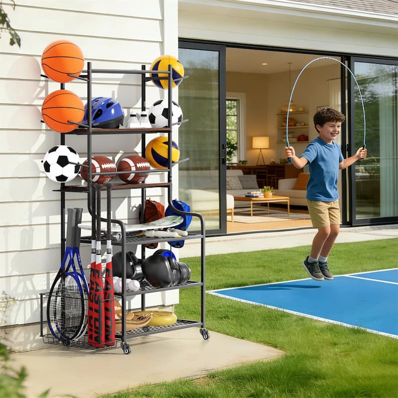 Freestanding Rolling Sports Equipment Organizer Home Gym Storage Rack with Wheels