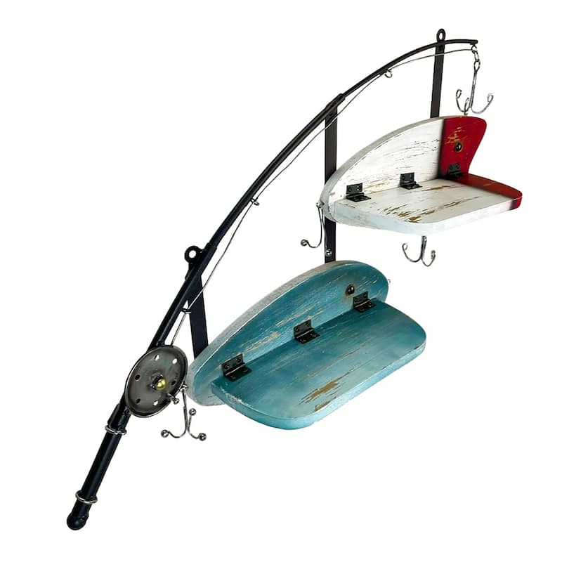 24 Inch Wood & Metal Fishing Pole Decorative Wall Shelf - 16 X 24 X 4.5 inches