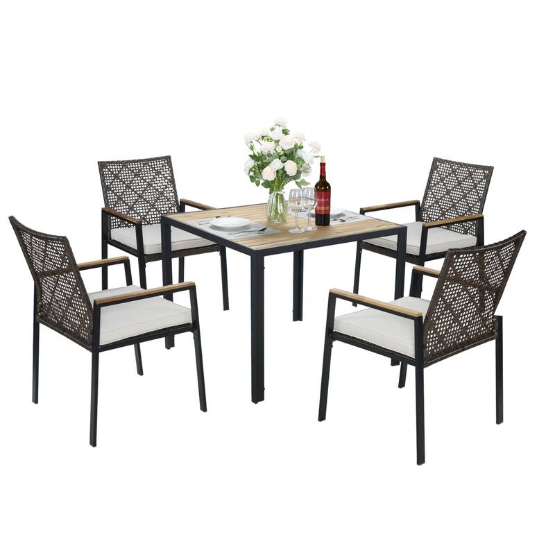 All Weather 5-Piece Patio Dining Table Sets, Patio Conversation Set Acacia Wood Table Top with Umbrella Hole, Rattan Outdoor - Dark Brown