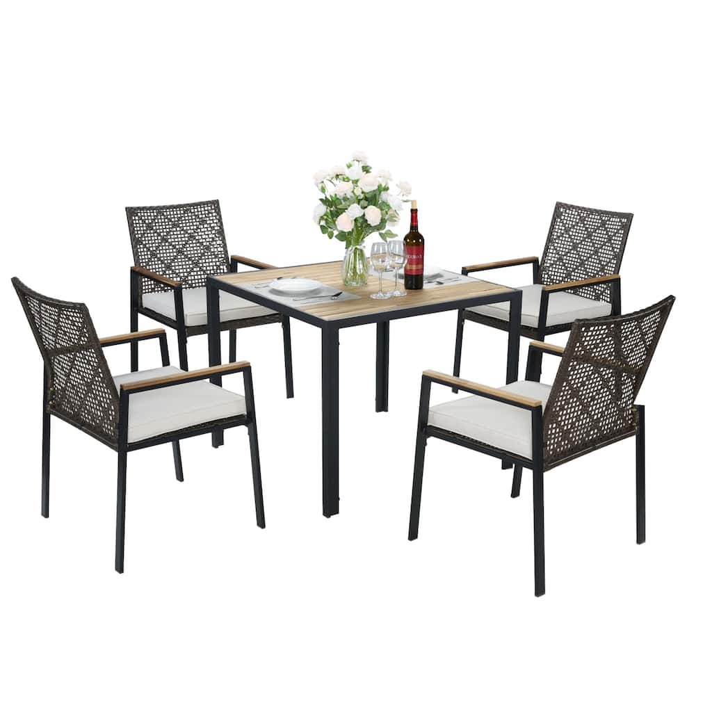 All Weather 5-Piece Patio Dining Table Sets, Patio Conversation Set Acacia Wood Table Top with Umbrella Hole, Rattan Outdoor
