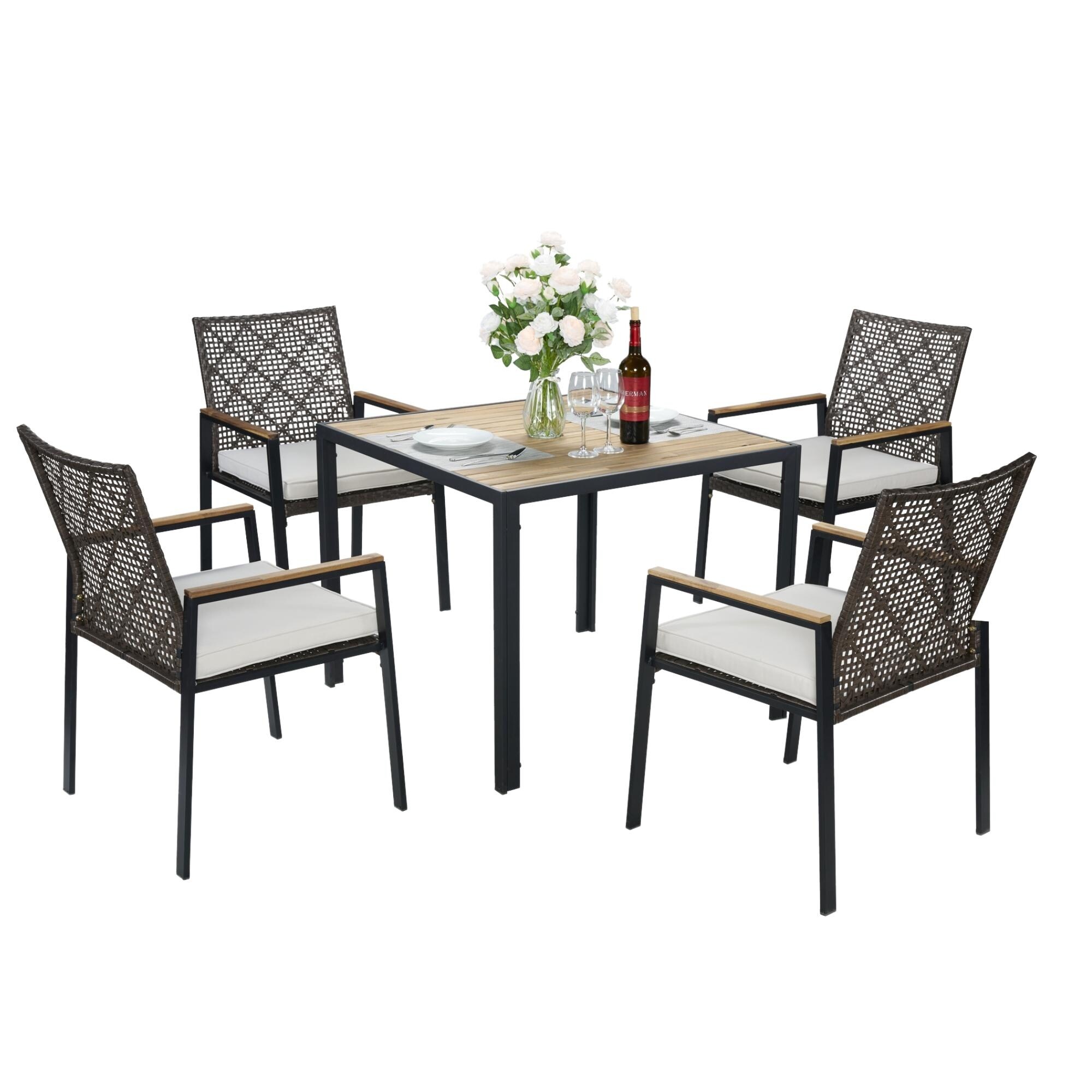 All Weather 5-Piece Patio Dining Table Sets, Patio Conversation Set Acacia Wood Table Top with Umbrella Hole, Rattan Outdoor