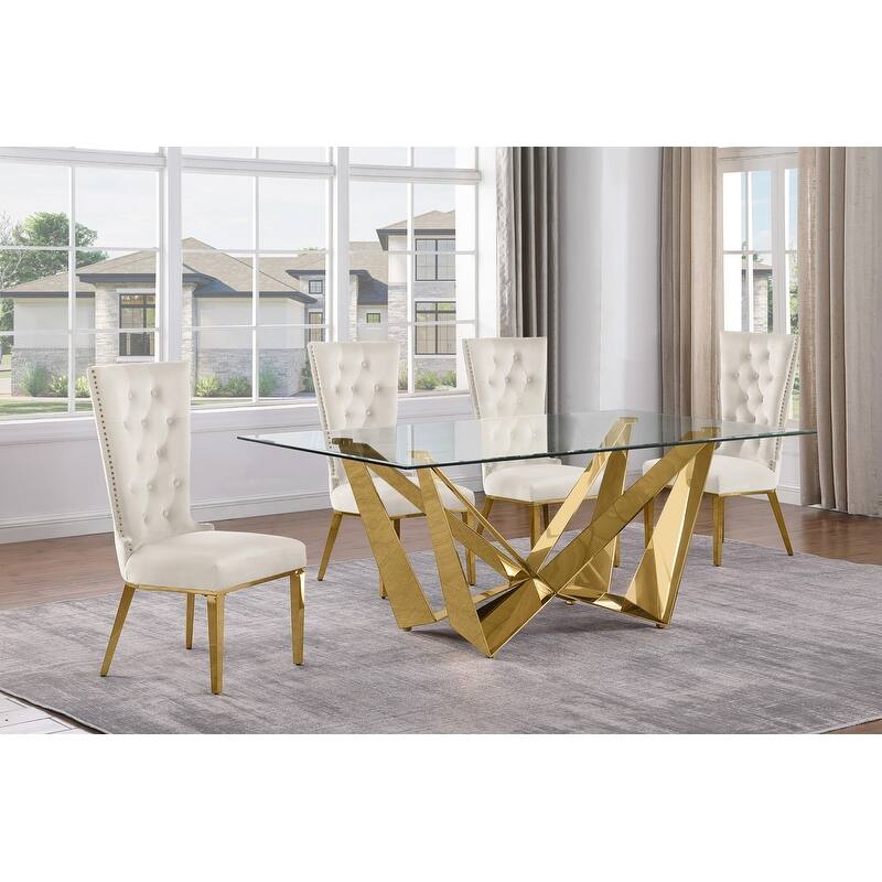 Best Quality Furniture D400/1-SC330-7 Dining Set with 78" 12mm Glass with Bevel - 5-Piece - Cream / Gold