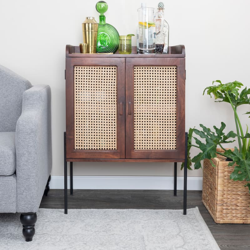 Solid Wood Bar Cabinet with Metal Legs and Woven Cane Doors