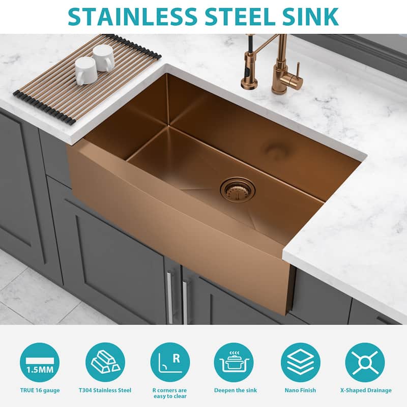 33 Rose Gold Farmhouse Sink - 33*21*10 Inch Kitchen Sink Stainless Steel 16 gauge Apron Front Kitchen Sink