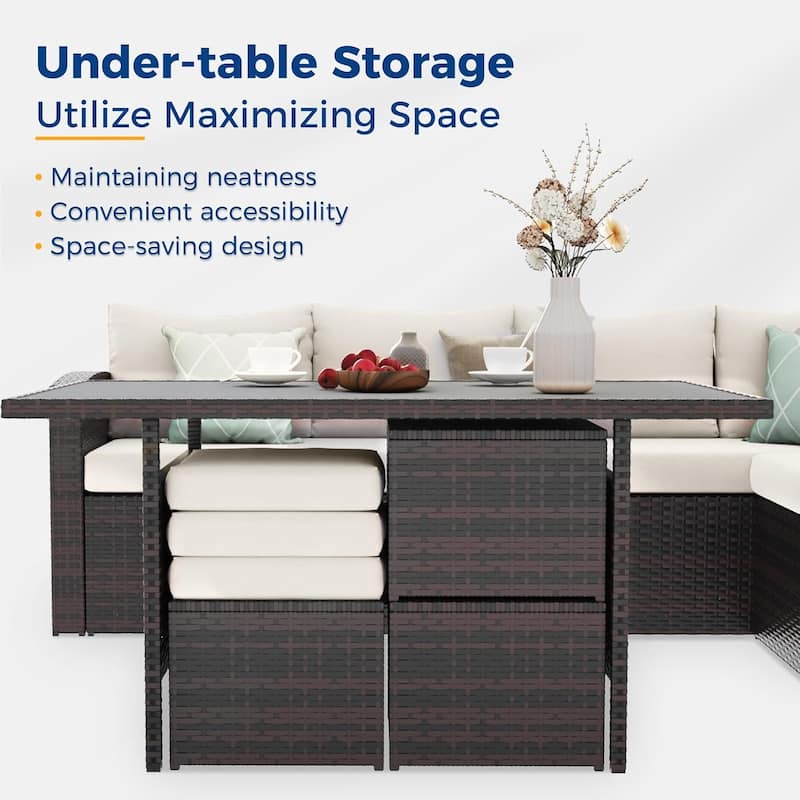 7 Piece Outdoor Dining Sectional Sofa with Dining Table and Chair