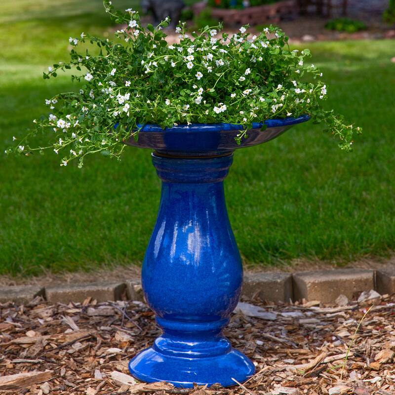 Sunnydaze Daisy Embossed Bowl Glazed Ceramic Bird Bath - Blue - 21.5" H
