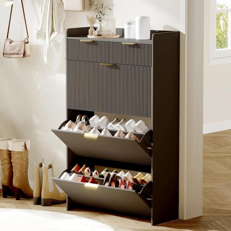 Slim Shoe Cabinet with 3 Flip Drawers & 2 Top Drawers - Black