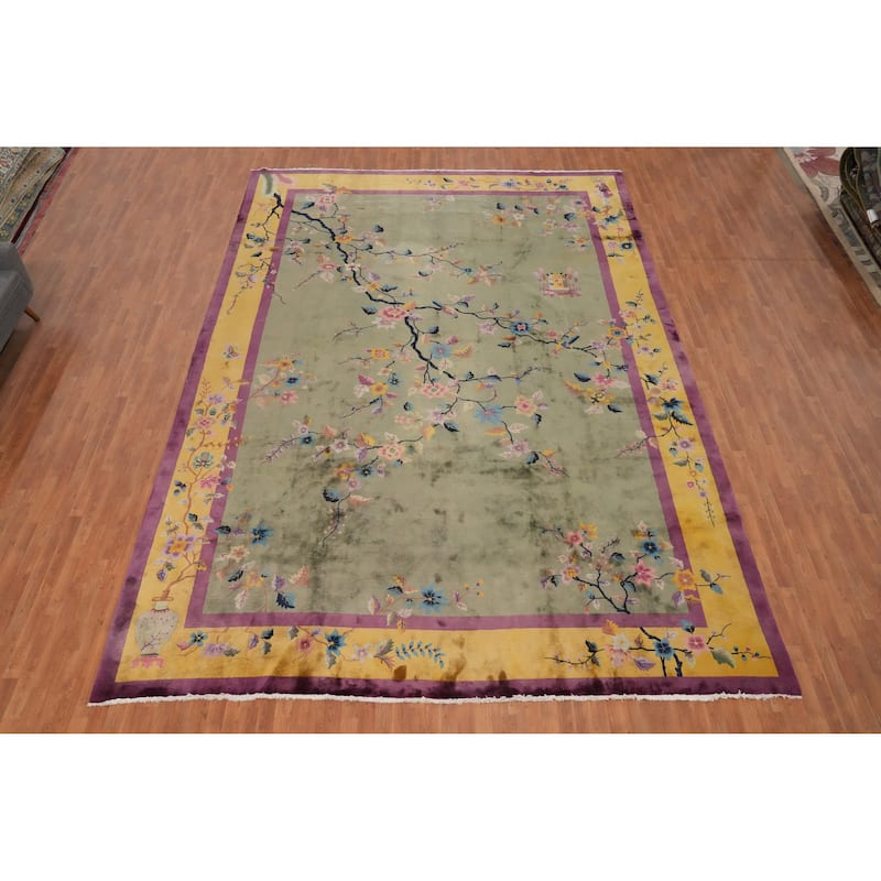 Hand Knotted Oriental 100% Wool Carpet Traditional Floral Green Art Deco Area Rug - 17' 0'' X 11' 11''