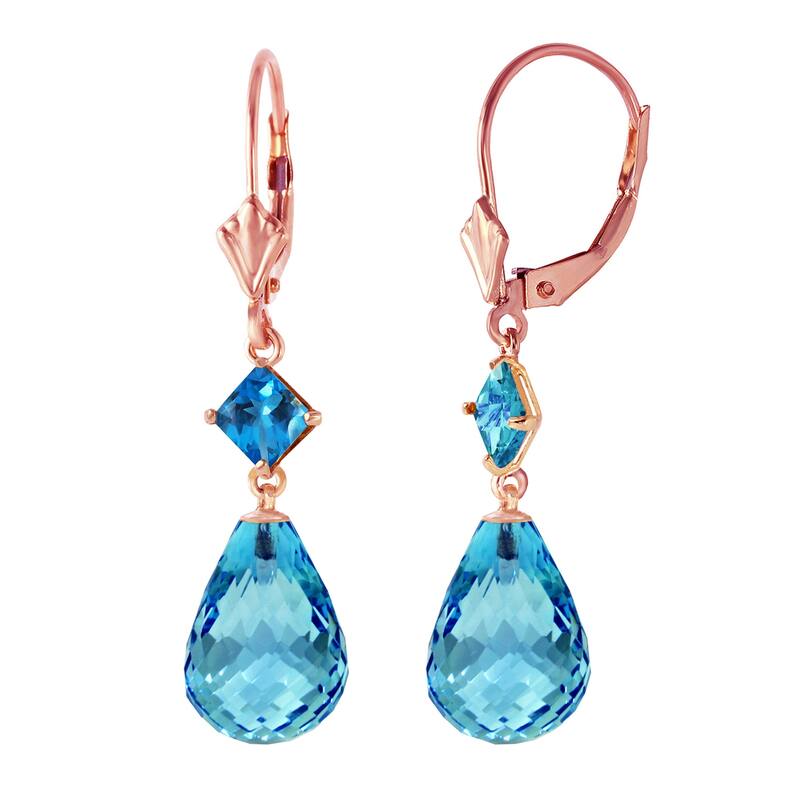 14K Solid Gold Leverback Gemstone Earrings Blue Topaz Jewelry Genuine - Rose