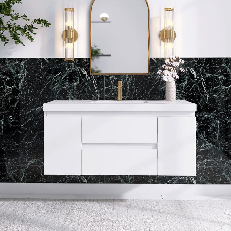 24"/30"/36"/48" Wall-Mounted 2-drawer Bathroom Vanity Set with Integrated Resin Sink - 48" - HighGlossWhite