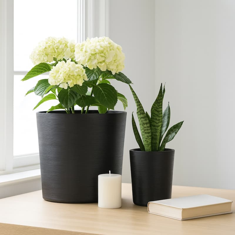 Polyresin Planter Ribbed Texture Home Use (Set of 2) - 21", 19" Black - 21" x 21" x 21"
