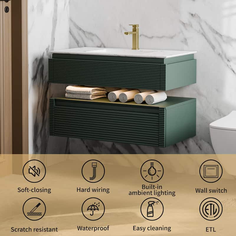 Modland 36" Modern Wall-Mounted Bathroom Vanity with Engineered Stone Countertop & Ceramic Undermount Sink